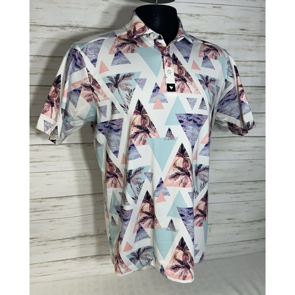 BAD BIRDIE Size MEDIUM Mens Polo Shirt Diamonds Palm Trees Hawaiian Golf Tennis